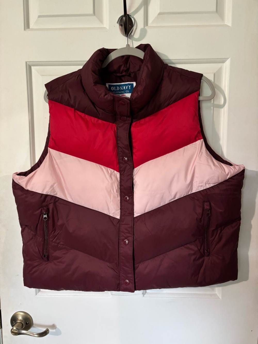 Old Navy Colorblock Puffer Vest - Burgundy, Red & Pink. “Reissue” of 90s version